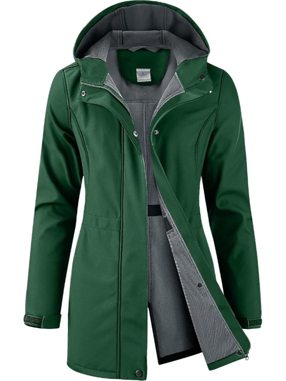 Women's Dark Green Hooded Fleece Lined Waterproof Hiking Softshell Rain Jacket